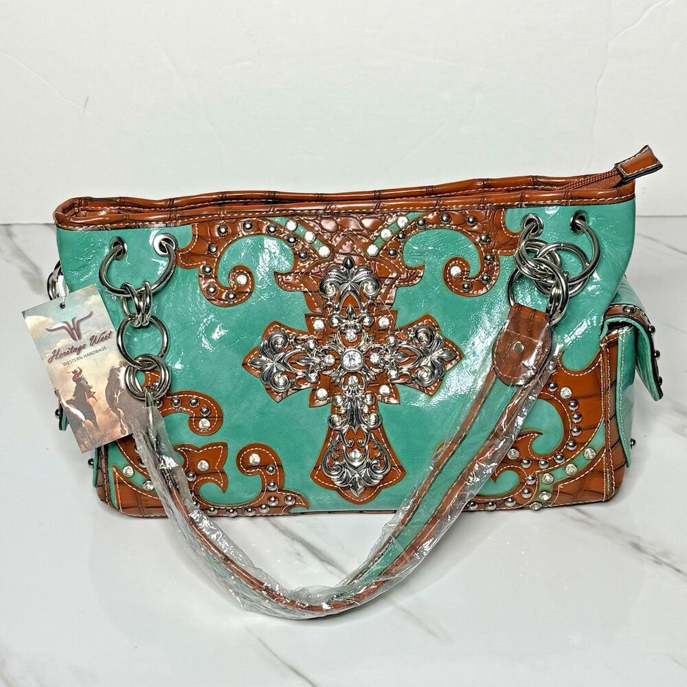 Western Turquoise Rhinestone Cross Handbag Tooled Brown Faux Leather Chain Strap - Picture 5 of 14